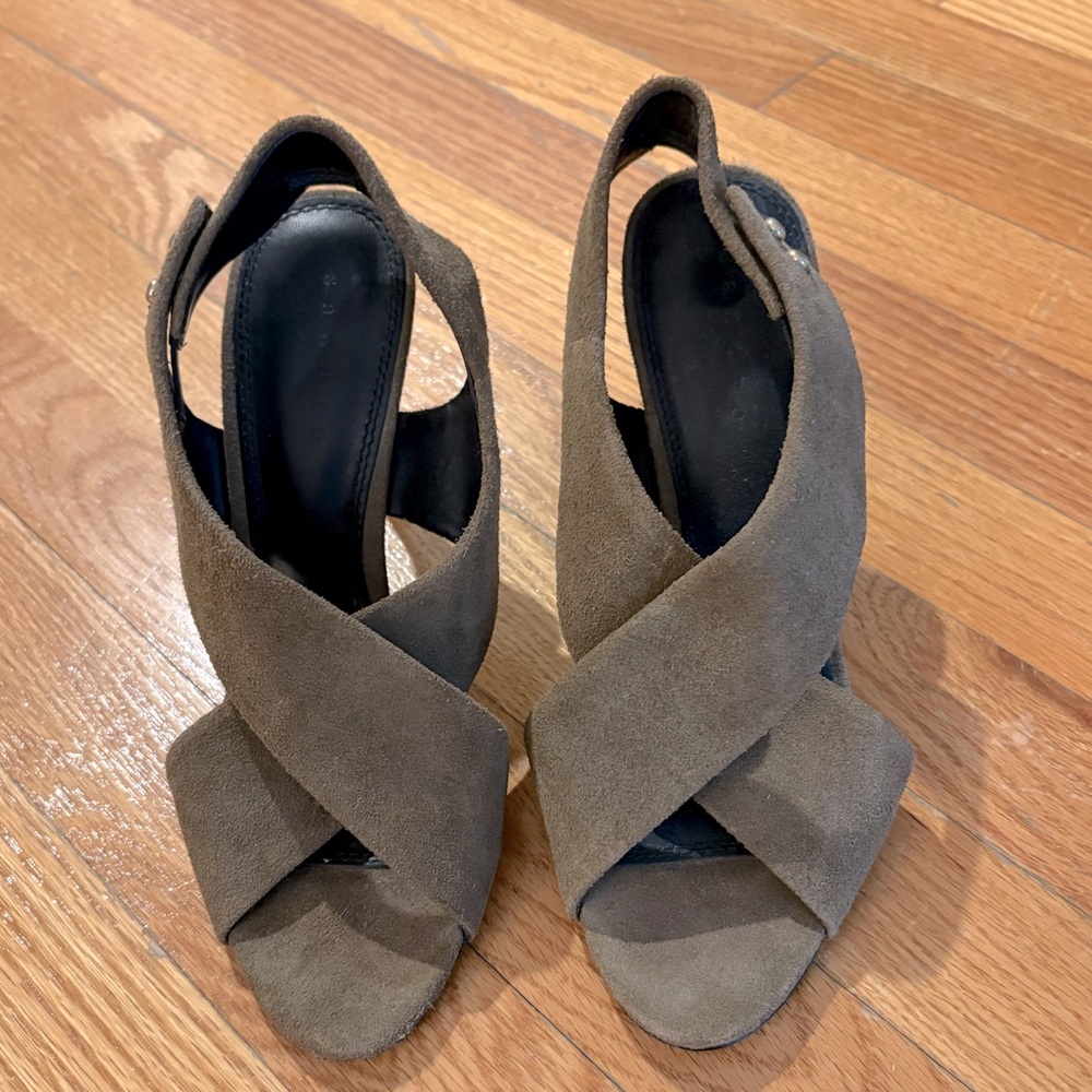 Sandro Olive Green Suede Crossover Slingback Stiletto Heels with Gold Studs